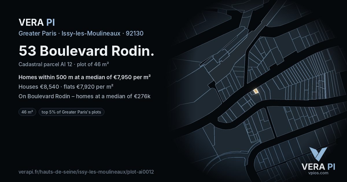 53 Boulevard Rodin, Issy-les-Moulineaux at night – the plot lit, the parcels around coloured by the prices near them