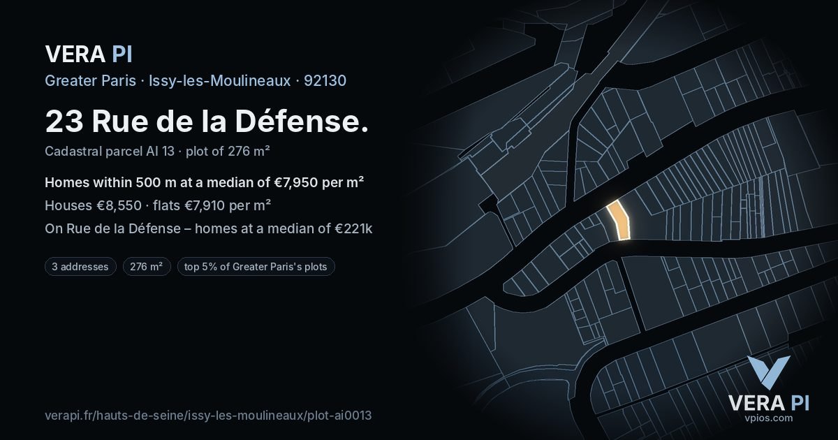 23 Rue de la Défense, Issy-les-Moulineaux at night – the plot lit, the parcels around coloured by the prices near them