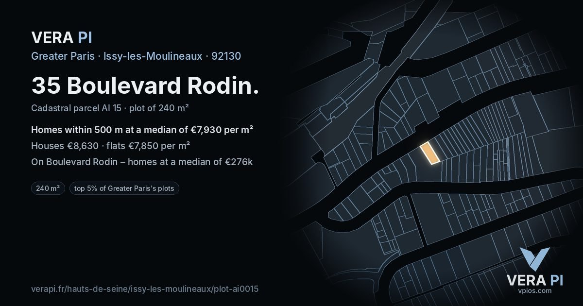 35 Boulevard Rodin, Issy-les-Moulineaux at night – the plot lit, the parcels around coloured by the prices near them