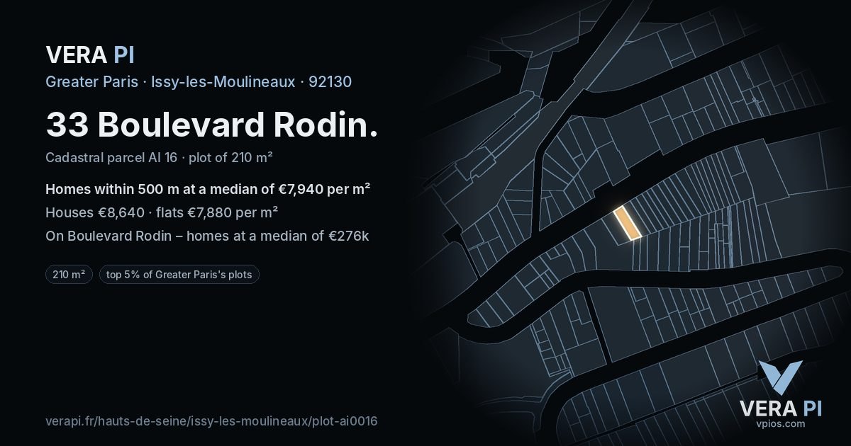 33 Boulevard Rodin, Issy-les-Moulineaux at night – the plot lit, the parcels around coloured by the prices near them