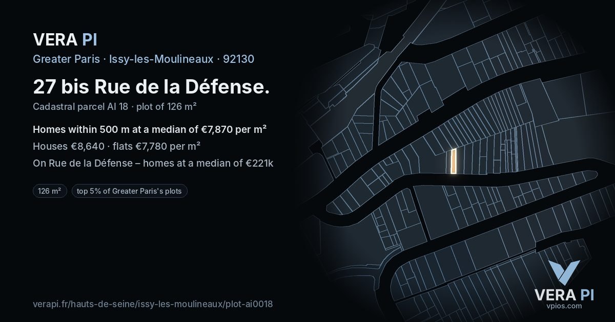 27 bis Rue de la Défense, Issy-les-Moulineaux at night – the plot lit, the parcels around coloured by the prices near them