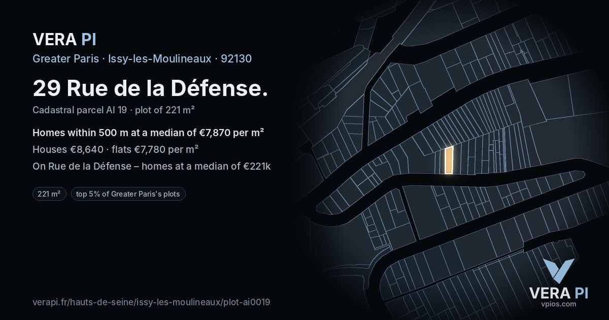 29 Rue de la Défense, Issy-les-Moulineaux at night – the plot lit, the parcels around coloured by the prices near them