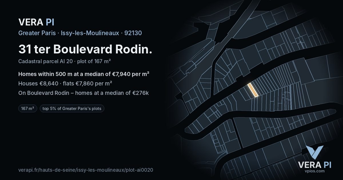 31 ter Boulevard Rodin, Issy-les-Moulineaux at night – the plot lit, the parcels around coloured by the prices near them