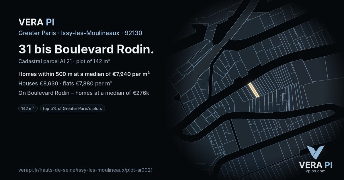 31 bis Boulevard Rodin, Issy-les-Moulineaux at night – the plot lit, the parcels around coloured by the prices near them