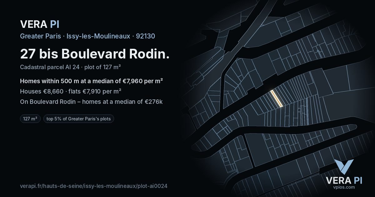 27 bis Boulevard Rodin, Issy-les-Moulineaux at night – the plot lit, the parcels around coloured by the prices near them