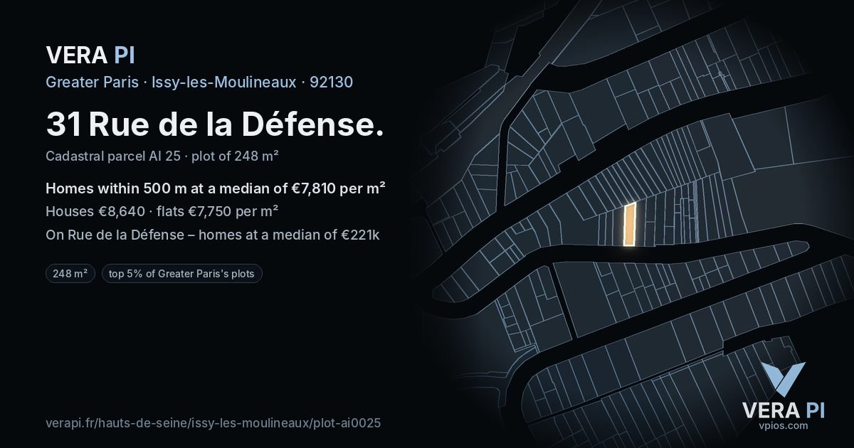 31 Rue de la Défense, Issy-les-Moulineaux at night – the plot lit, the parcels around coloured by the prices near them