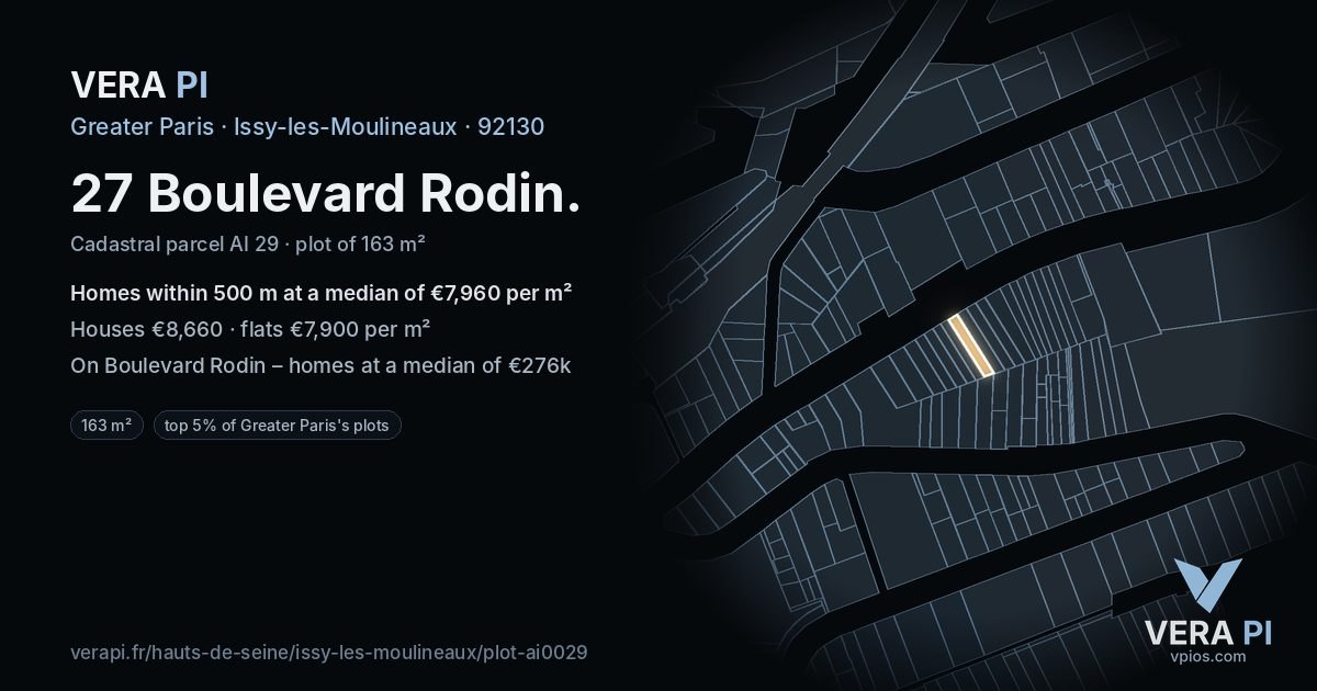 27 Boulevard Rodin, Issy-les-Moulineaux at night – the plot lit, the parcels around coloured by the prices near them