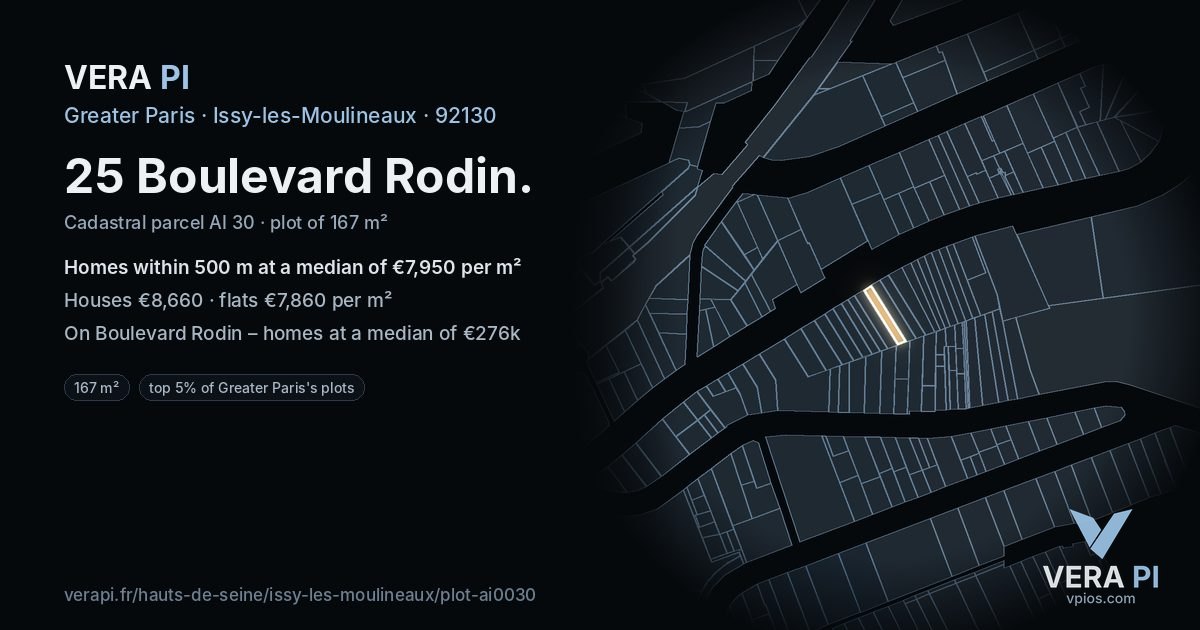 25 Boulevard Rodin, Issy-les-Moulineaux at night – the plot lit, the parcels around coloured by the prices near them