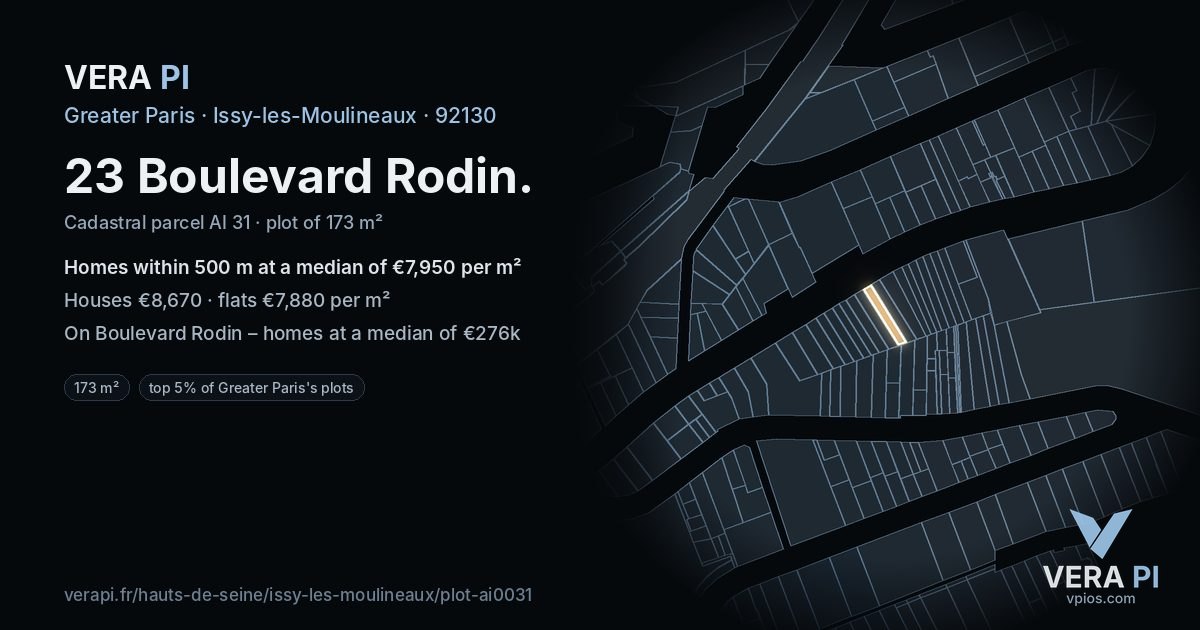 23 Boulevard Rodin, Issy-les-Moulineaux at night – the plot lit, the parcels around coloured by the prices near them