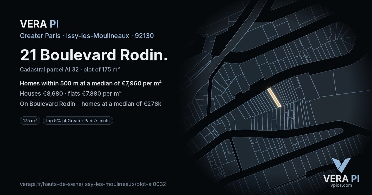 21 Boulevard Rodin, Issy-les-Moulineaux at night – the plot lit, the parcels around coloured by the prices near them