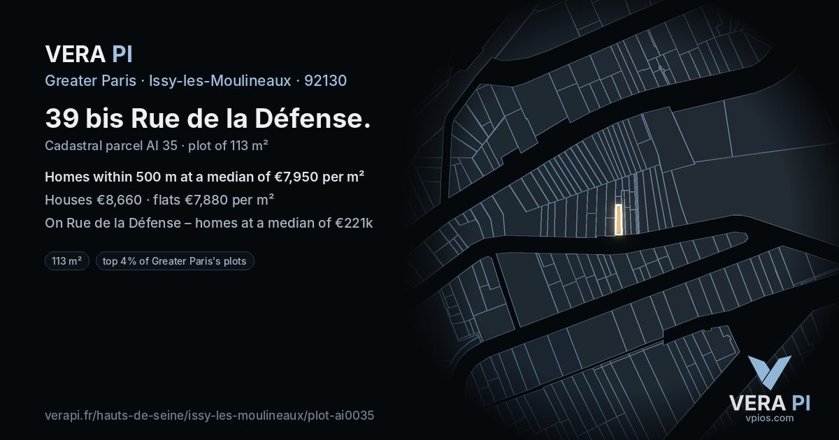 39 bis Rue de la Défense, Issy-les-Moulineaux at night – the plot lit, the parcels around coloured by the prices near them
