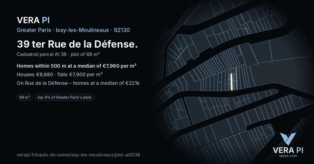 39 ter Rue de la Défense, Issy-les-Moulineaux at night – the plot lit, the parcels around coloured by the prices near them