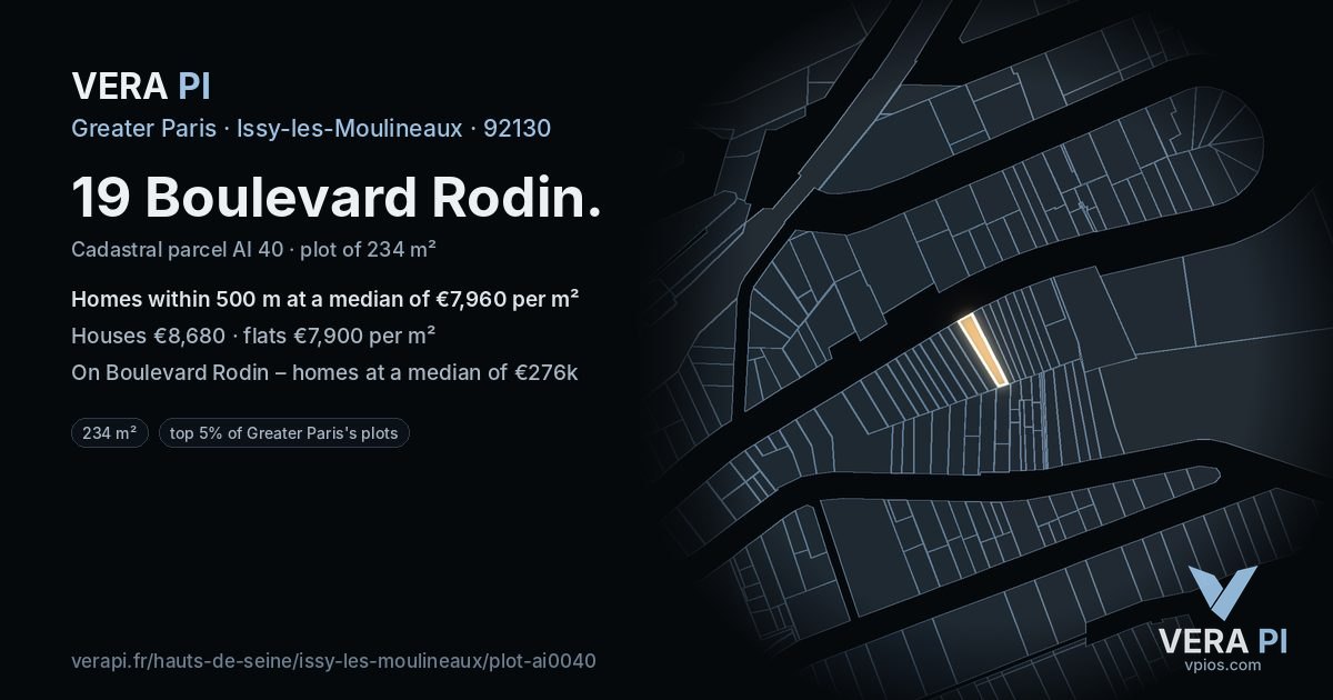 19 Boulevard Rodin, Issy-les-Moulineaux at night – the plot lit, the parcels around coloured by the prices near them