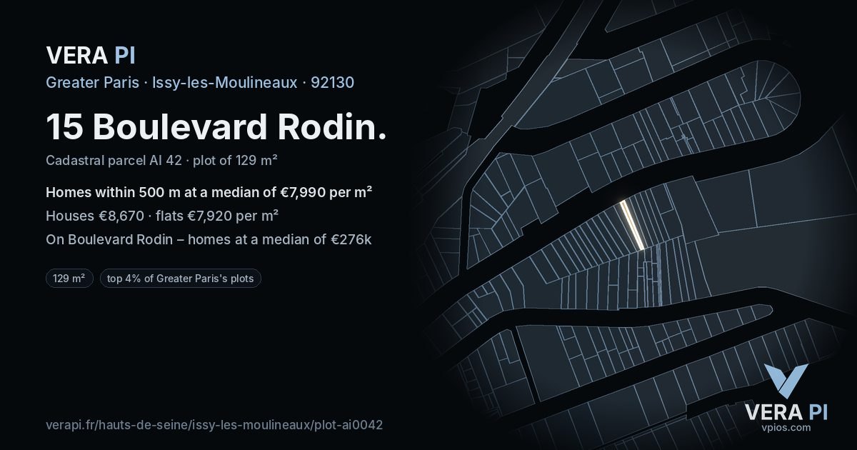 15 Boulevard Rodin, Issy-les-Moulineaux at night – the plot lit, the parcels around coloured by the prices near them