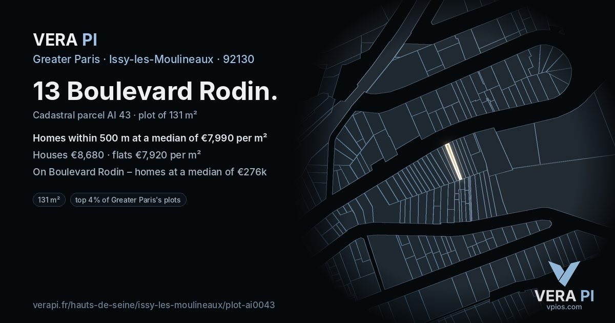 13 Boulevard Rodin, Issy-les-Moulineaux at night – the plot lit, the parcels around coloured by the prices near them