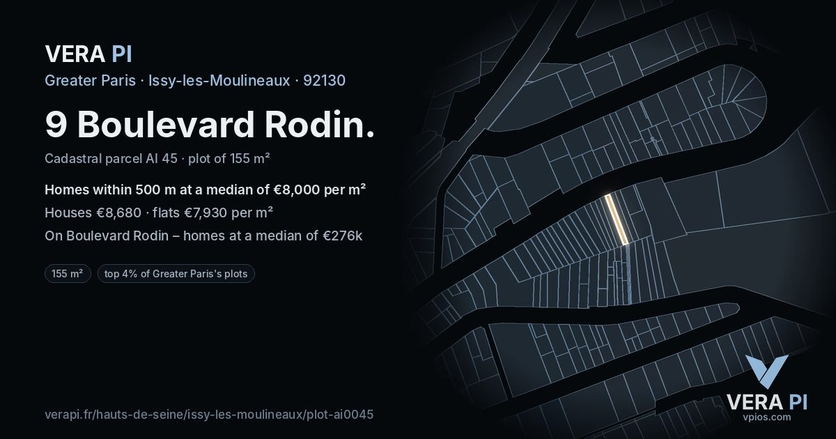 9 Boulevard Rodin, Issy-les-Moulineaux at night – the plot lit, the parcels around coloured by the prices near them