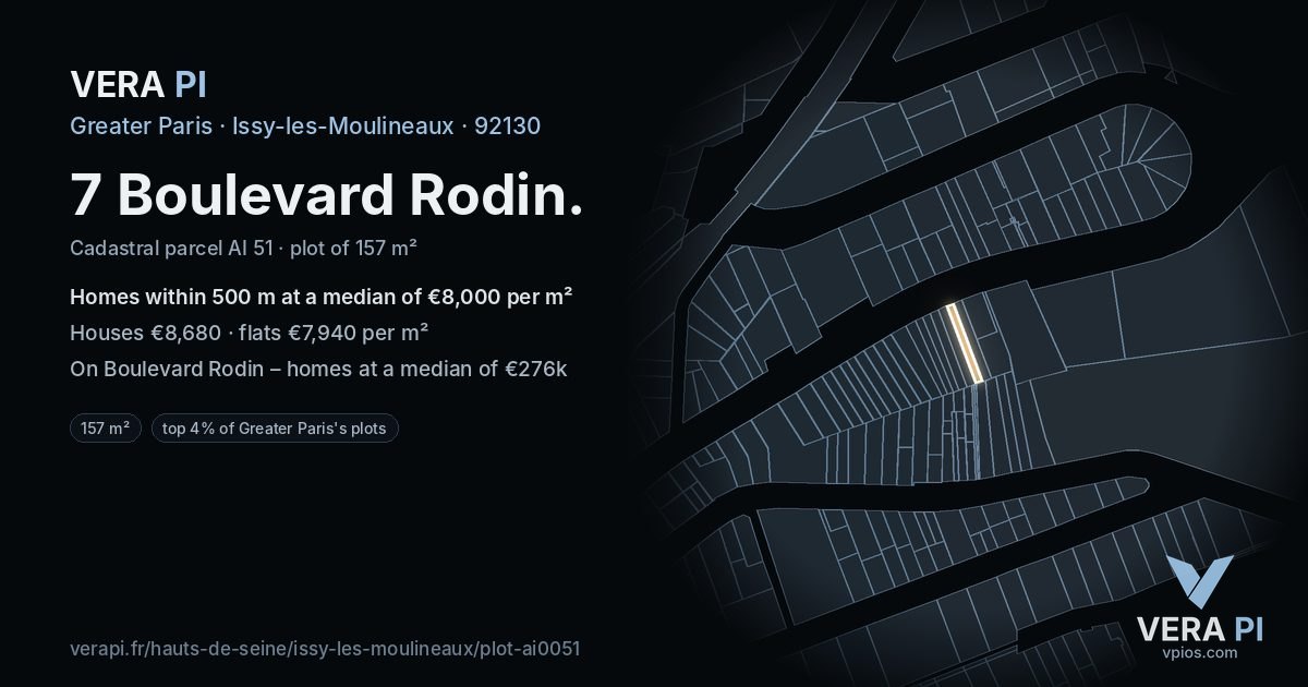 7 Boulevard Rodin, Issy-les-Moulineaux at night – the plot lit, the parcels around coloured by the prices near them