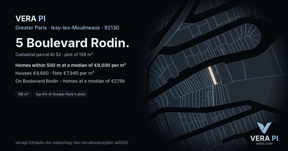 5 Boulevard Rodin, Issy-les-Moulineaux at night – the plot lit, the parcels around coloured by the prices near them