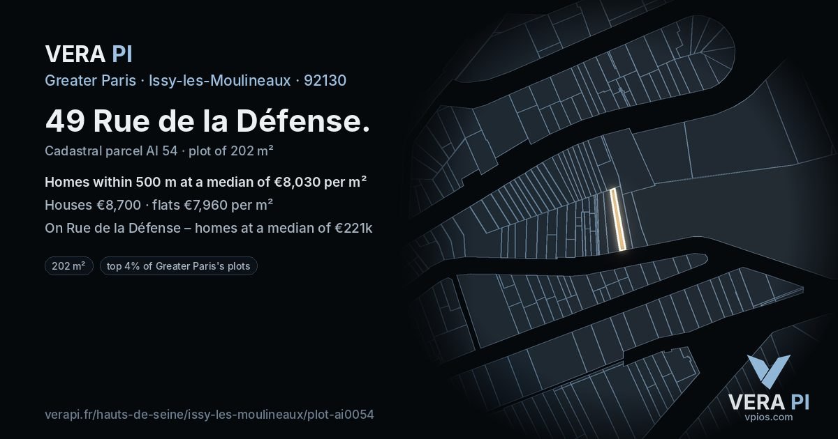 49 Rue de la Défense, Issy-les-Moulineaux at night – the plot lit, the parcels around coloured by the prices near them