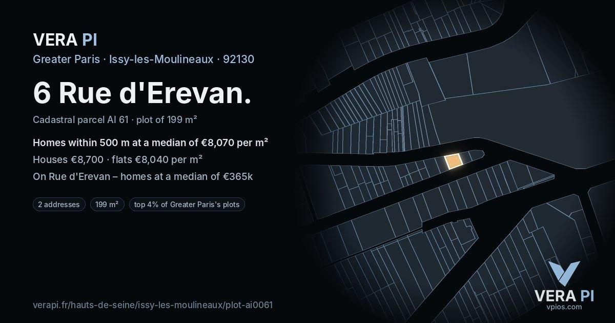 6 Rue d'Erevan, Issy-les-Moulineaux at night – the plot lit, the parcels around coloured by the prices near them