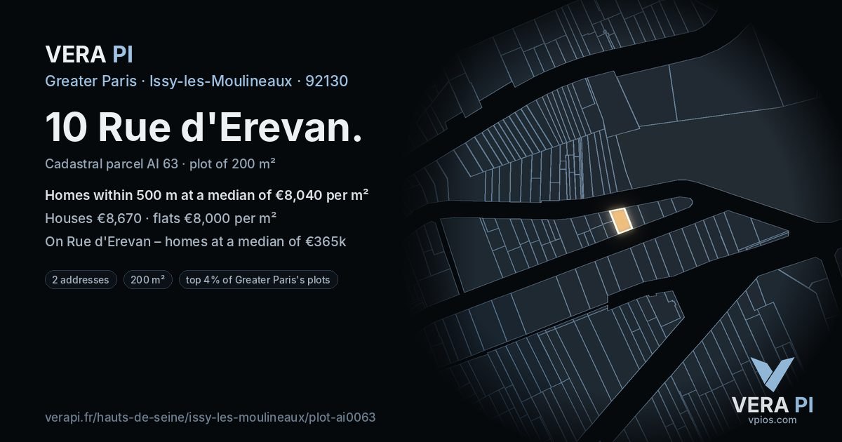 10 Rue d'Erevan, Issy-les-Moulineaux at night – the plot lit, the parcels around coloured by the prices near them