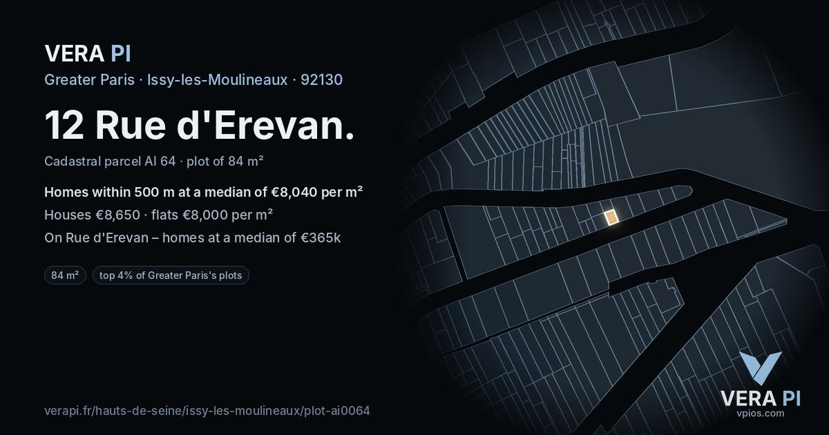 12 Rue d'Erevan, Issy-les-Moulineaux at night – the plot lit, the parcels around coloured by the prices near them