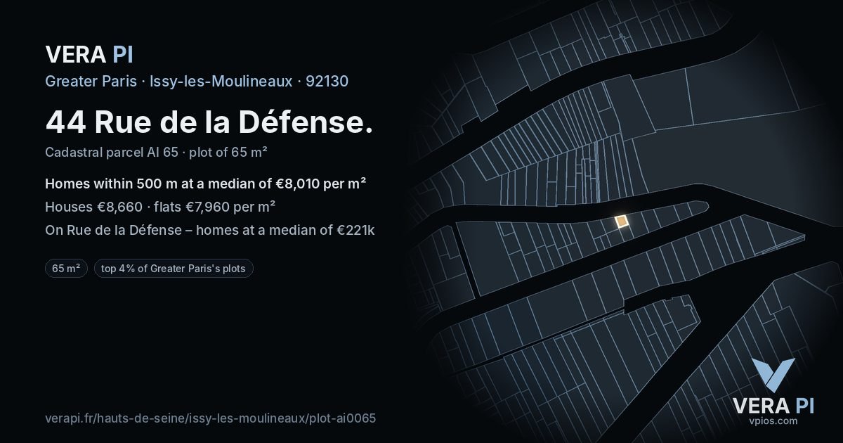 44 Rue de la Défense, Issy-les-Moulineaux at night – the plot lit, the parcels around coloured by the prices near them