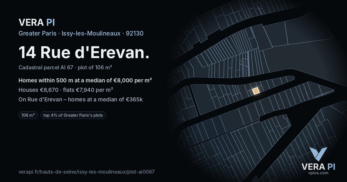 14 Rue d'Erevan, Issy-les-Moulineaux at night – the plot lit, the parcels around coloured by the prices near them