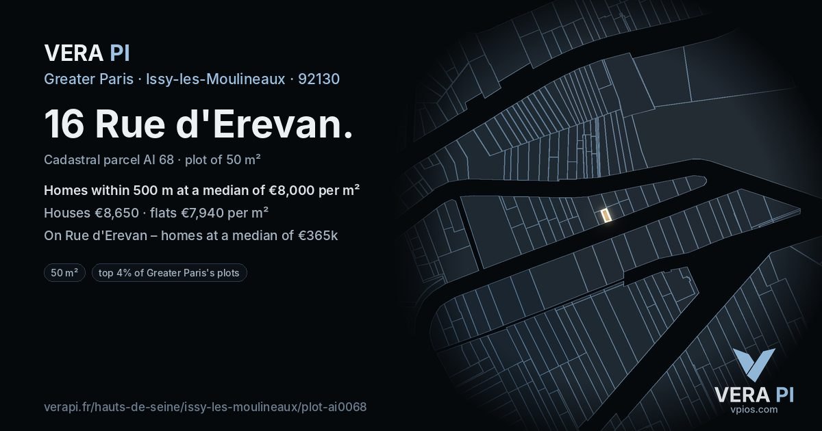 16 Rue d'Erevan, Issy-les-Moulineaux at night – the plot lit, the parcels around coloured by the prices near them