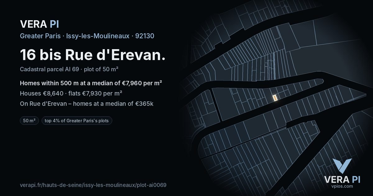 16 bis Rue d'Erevan, Issy-les-Moulineaux at night – the plot lit, the parcels around coloured by the prices near them