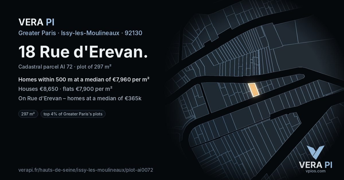 18 Rue d'Erevan, Issy-les-Moulineaux at night – the plot lit, the parcels around coloured by the prices near them