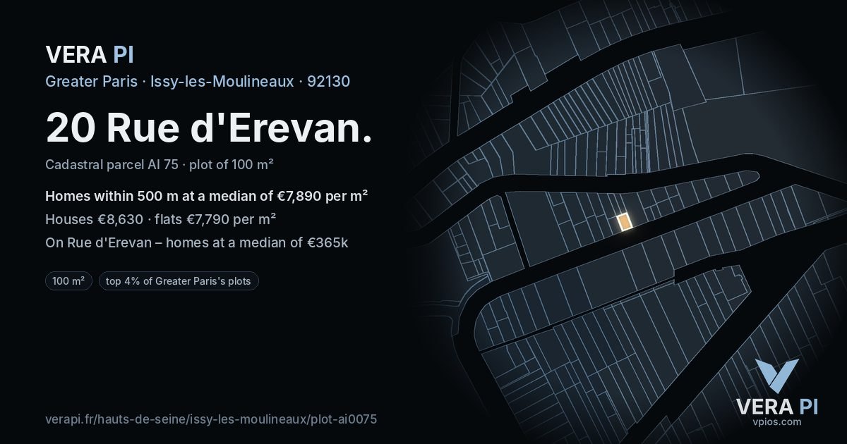 20 Rue d'Erevan, Issy-les-Moulineaux at night – the plot lit, the parcels around coloured by the prices near them