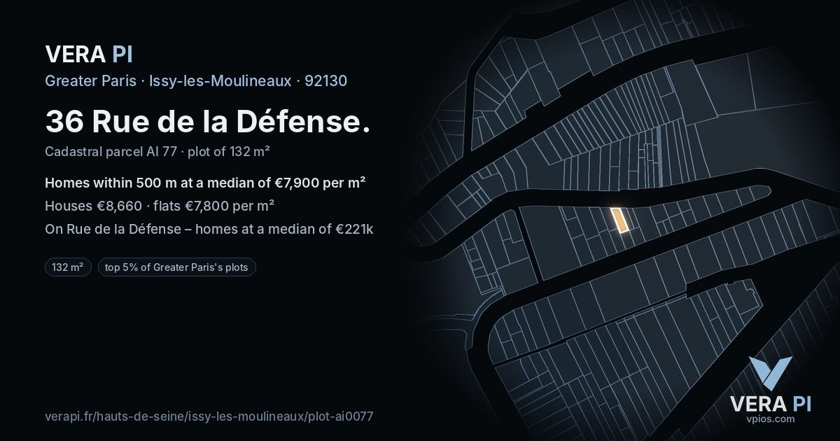 36 Rue de la Défense, Issy-les-Moulineaux at night – the plot lit, the parcels around coloured by the prices near them