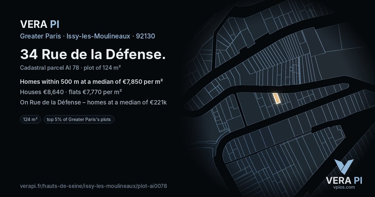 34 Rue de la Défense, Issy-les-Moulineaux at night – the plot lit, the parcels around coloured by the prices near them