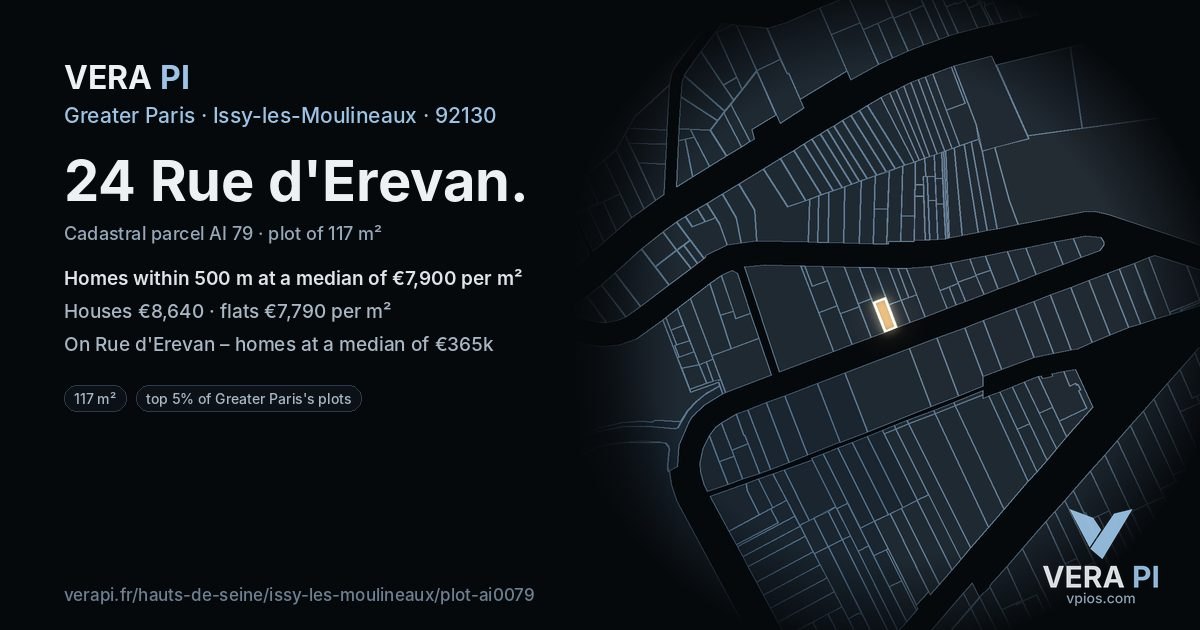 24 Rue d'Erevan, Issy-les-Moulineaux at night – the plot lit, the parcels around coloured by the prices near them
