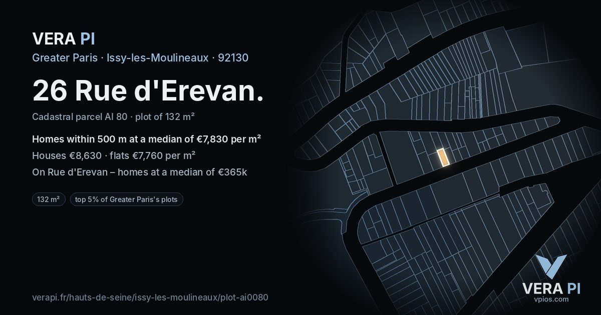 26 Rue d'Erevan, Issy-les-Moulineaux at night – the plot lit, the parcels around coloured by the prices near them