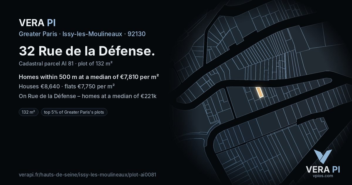 32 Rue de la Défense, Issy-les-Moulineaux at night – the plot lit, the parcels around coloured by the prices near them