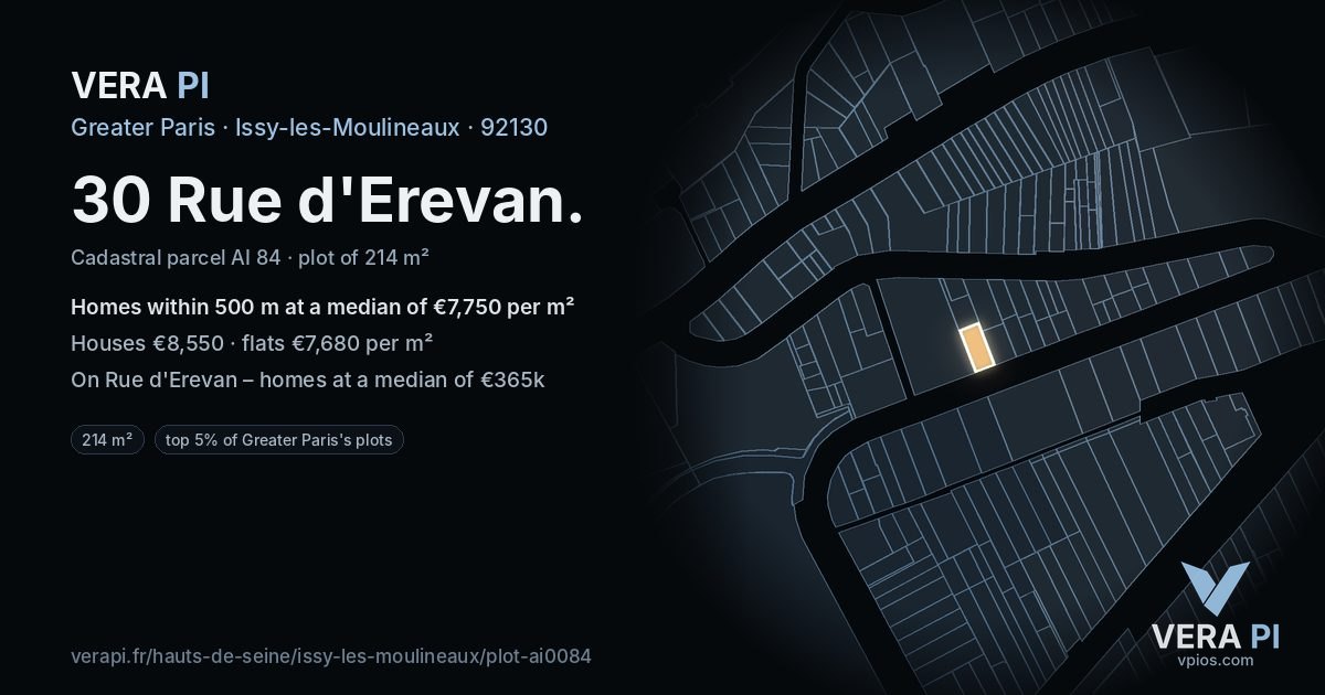 30 Rue d'Erevan, Issy-les-Moulineaux at night – the plot lit, the parcels around coloured by the prices near them