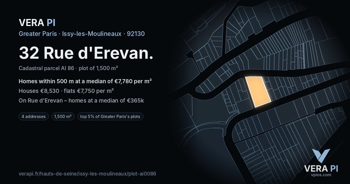 32 Rue d'Erevan, Issy-les-Moulineaux at night – the plot lit, the parcels around coloured by the prices near them