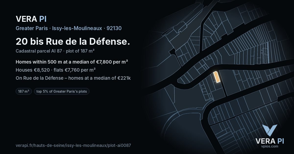 20 bis Rue de la Défense, Issy-les-Moulineaux at night – the plot lit, the parcels around coloured by the prices near them