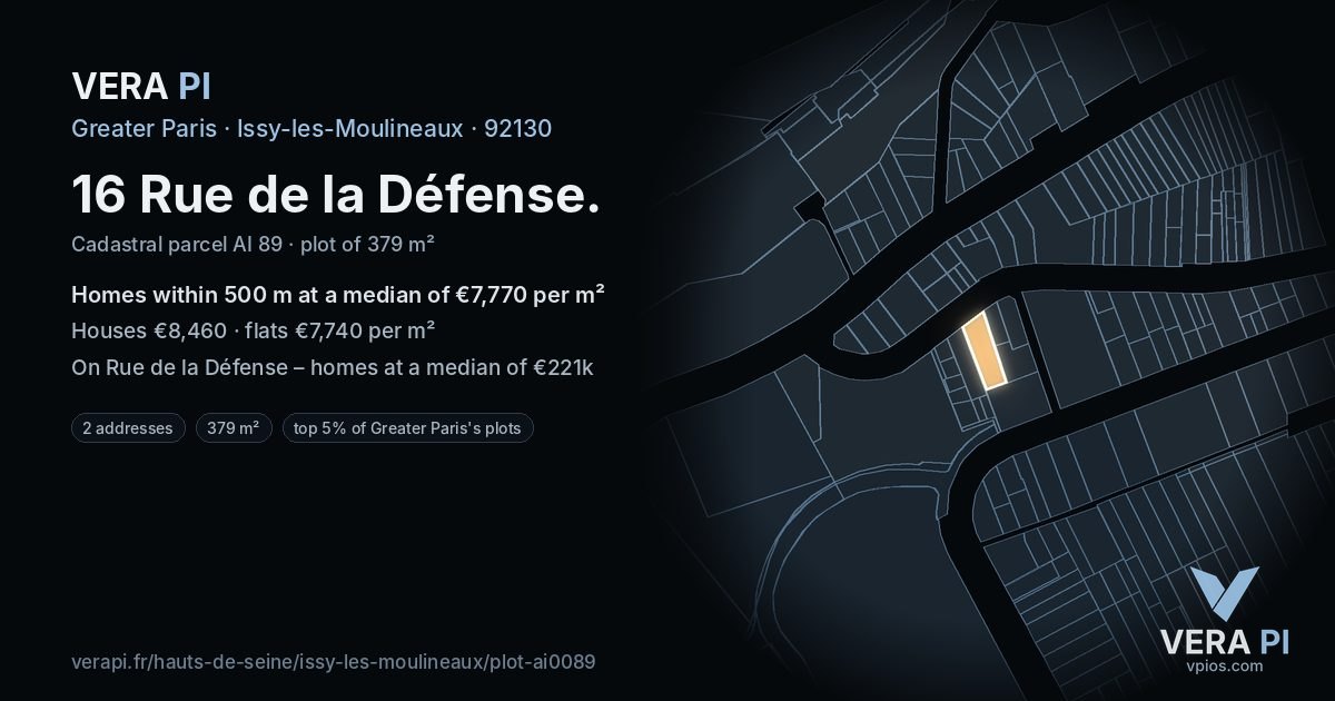 16 Rue de la Défense, Issy-les-Moulineaux at night – the plot lit, the parcels around coloured by the prices near them