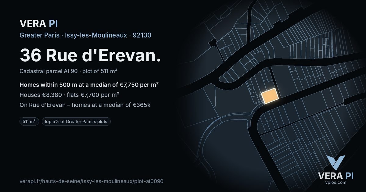 36 Rue d'Erevan, Issy-les-Moulineaux at night – the plot lit, the parcels around coloured by the prices near them