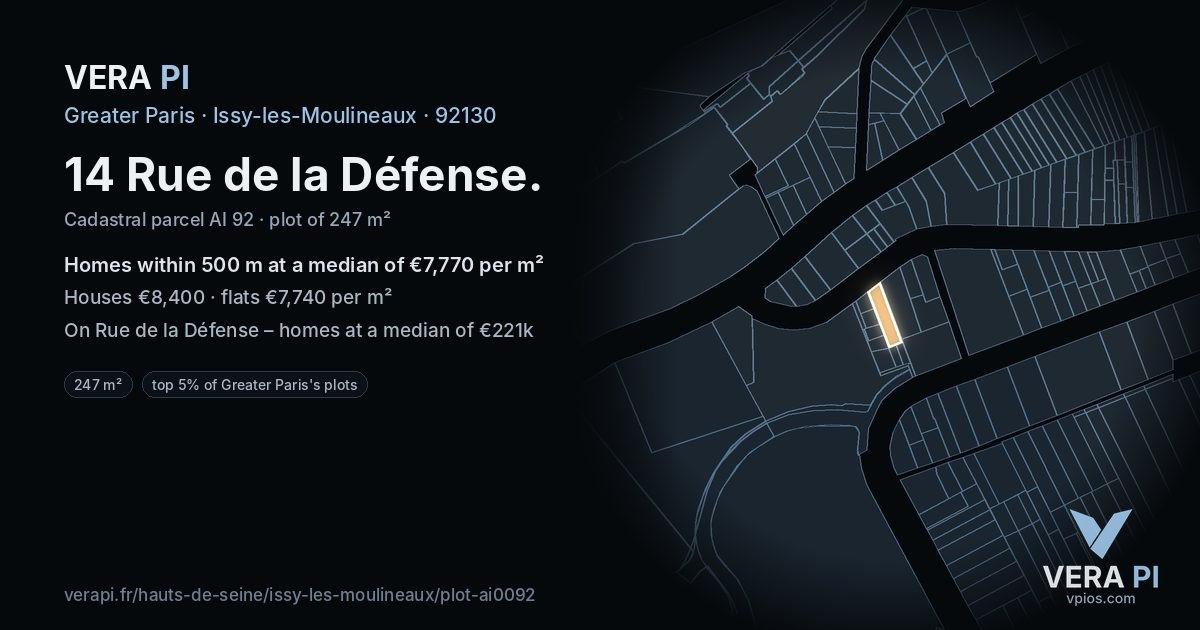 14 Rue de la Défense, Issy-les-Moulineaux at night – the plot lit, the parcels around coloured by the prices near them