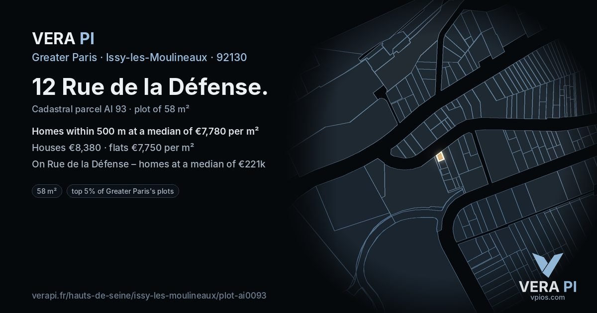 12 Rue de la Défense, Issy-les-Moulineaux at night – the plot lit, the parcels around coloured by the prices near them
