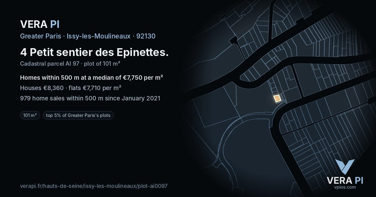 4 Petit sentier des Epinettes, Issy-les-Moulineaux at night – the plot lit, the parcels around coloured by the prices near them