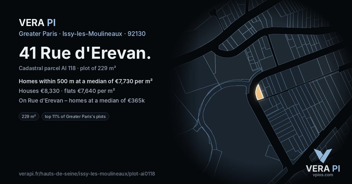 41 Rue d'Erevan, Issy-les-Moulineaux at night – the plot lit, the parcels around coloured by the prices near them