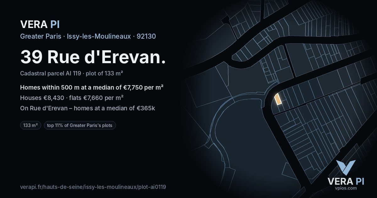39 Rue d'Erevan, Issy-les-Moulineaux at night – the plot lit, the parcels around coloured by the prices near them