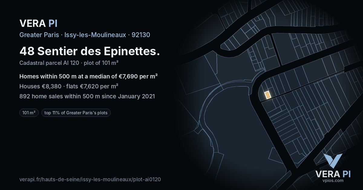 48 Sentier des Epinettes, Issy-les-Moulineaux at night – the plot lit, the parcels around coloured by the prices near them