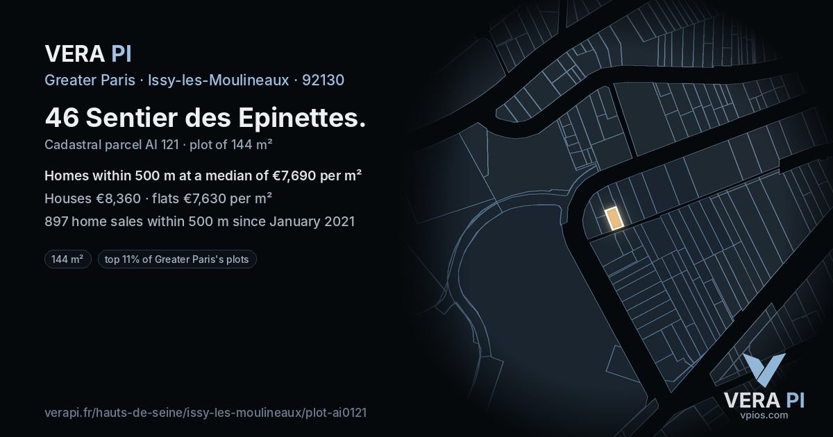 46 Sentier des Epinettes, Issy-les-Moulineaux at night – the plot lit, the parcels around coloured by the prices near them
