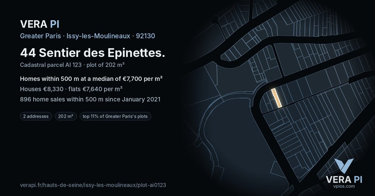 44 Sentier des Epinettes, Issy-les-Moulineaux at night – the plot lit, the parcels around coloured by the prices near them